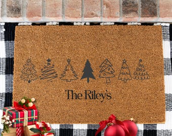 Personalized Christmas Doormat, Custom Family Name Holiday Door Mat, Christmas Tree Welcome Mat, Gift for New Home