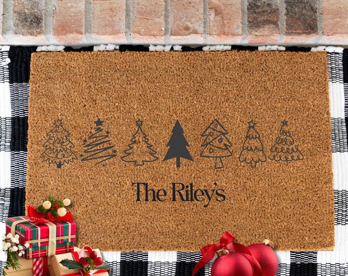 Personalized Christmas Doormat, Custom Family Name Holiday Door Mat, Christmas Tree Welcome Mat, Gift for New Home