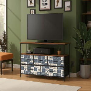 May include: A modern TV stand with a dark brown top and black metal frame. The stand features six drawers with a blue and white nautical pattern. A large black television sits on top, with framed art on the wall.