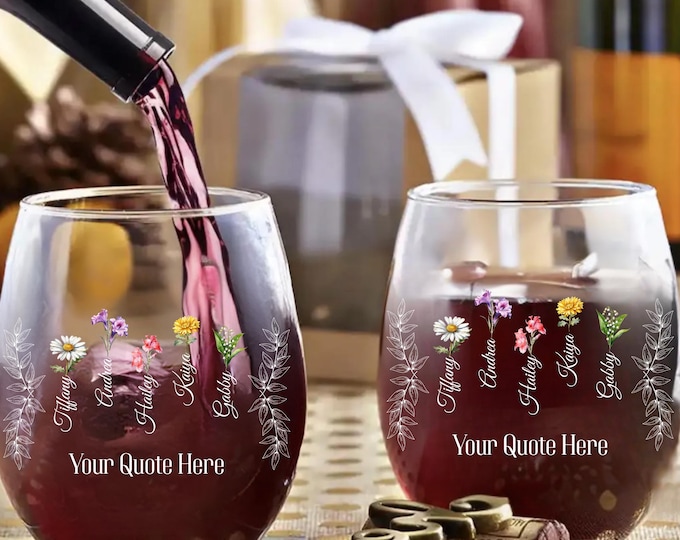 Birth Flower Stemless Wine Glass, Personalized Gift for Friends, Custom Floral Wine Glass for Besties, Bridesmaid Gift