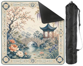 Chinoiserie Mahjong Mat | Asian Garden Mahjong Table Mat | Blue & White Mahjong Accessories | Pagoda Mahjong Gift | Luxury Mahjong Mat