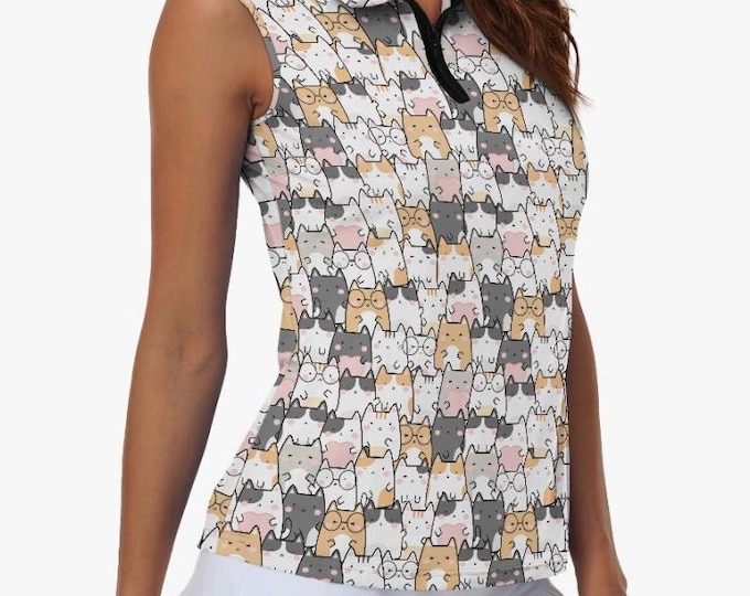Women’s Cat Golf Sleeveless Polo Shirt, Custom Collared Tank Top, Lightweight Performance Golf Shirt for Ladies, Fun Golf Outfit