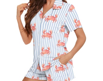 Coastal Crab Pajama Set for Women | Beach Pajamas | Seersucker Stripe PJ Set | Nautical Sleepwear | Coastal Grandmillennial Gift