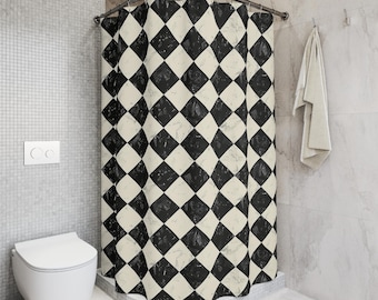Black White Harlequin Shower Curtain, Checkered Bathroom Decor, Vintage Diamond Checker Curtain, Gothic Bathroom, Eclectic Bath Decor