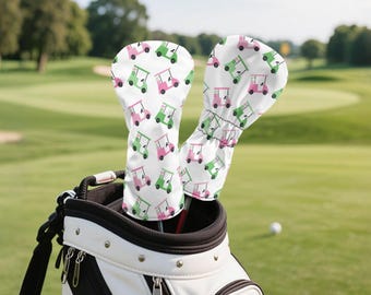 Fun Golf Head Cover for Women – Green and Pink  Faux Leather, Custom Golf Gift for Him or Her, Driver, Fairway & Hybrid Club Covers