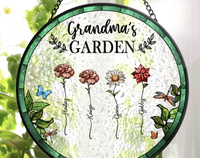 Birth Flower with Name Suncatcher, Personalized Grandma's Garden Gift, Mother's Day Window Hanging, Custom Floral Decor