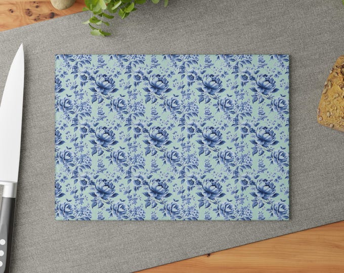 Floral Glass Cutting Board - French Toille Kitchen Elegant Kitchen Decor, Wedding Gift, Mother's Day, Floral Print, Kitchen Accessories