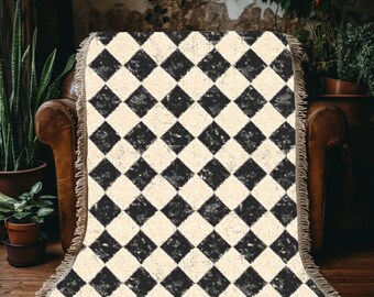 Black and White Checkered Blanket - Woven Cotton Throw - Unique Home Decor - heckered Woven Blanket, Cozy Throw Blanket - Plaid Pattern