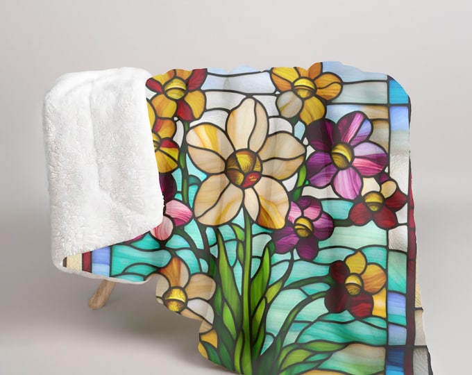 Stained Glass Floral Sherpa Fleece Blanket, Cozy Home Decor, Gift for Garden Lovers, Throw for Cozy Nights, Perfect for Mother's Day