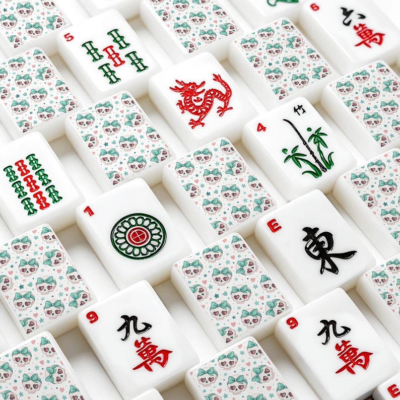 Sugar Skull Mahjong Tiles | Pastel Halloween Mahjong Set | Cute Skull Bow Mahjong Tiles | Spooky Chic Mahjong Gift | Pink Gothic Mahjong image 1