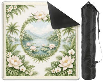 White Lotus Mahjong Mat, Chinoiserie Mahjong Mat with Bag, Grandmillennial Mahjong Table Cover, Coastal Palm Mahjong Set American Mahjong