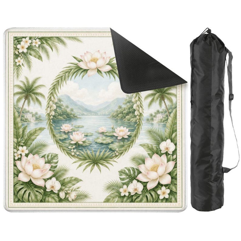 White Lotus Mahjong Mat, Chinoiserie Mahjong Mat with Bag, Grandmillennial Mahjong Table Cover, Coastal Palm Mahjong Set American Mahjong image 1