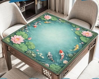 Koi Fish Mahjong Mat with Bag, Lotus Pond Mahjong Table Mat, Waterproof Non Slip Mahjong Cover, Japanese Koi Game Mat Gift for Mahjong Lover