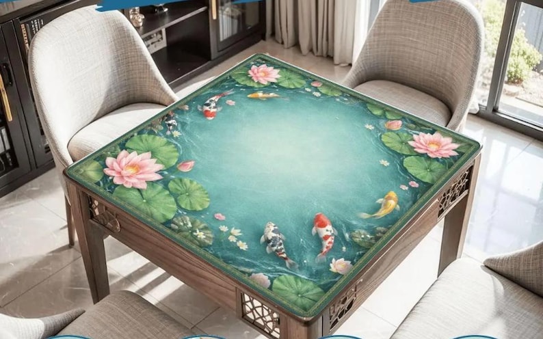 May include: Square wooden table with a glass top featuring a pond scene with koi fish, lily pads, and pink lotus flowers. The table has decorative carved details on the legs and frame. The table is surrounded by two chairs.