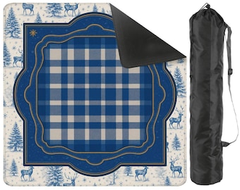 Limited Edition Winter Toile Mahjong Mat • Blue Gingham Plaid Christmas Deer & Pine Trees Mah Jongg Mat