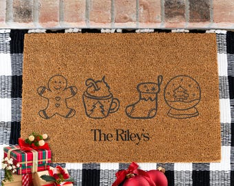 Personalized Christmas Doormat, Custom Family Name Holiday Door Mat, Gingerbread & Stocking Welcome Mat, Gift for New Home