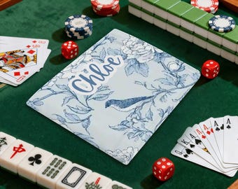 Personalized Mahjong Card Holder Set of 4 with Line Finder – Custom Name Floral Design, Waterproof & Tear-Resistant Game Organizer