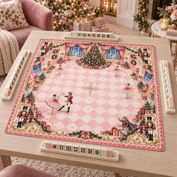 Pink Nutcracker Christmas Mahjong Mat, Ballerina Holiday Mahjong Game Mat, Preppy Pink Christmas Gift