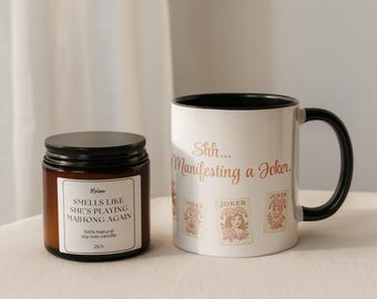 Mahjong Gift Set for Her “Manifesting a Joker” Mug and “Smells Like She’s Playing Mahjong Again” Candle