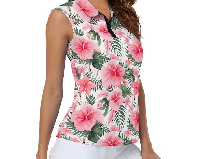 Women’s Floral Golf Sleeveless Polo Shirt, Custom Collared Tank Top, Lightweight Performance Golf Shirt for Ladies, Fun Golf Outfit