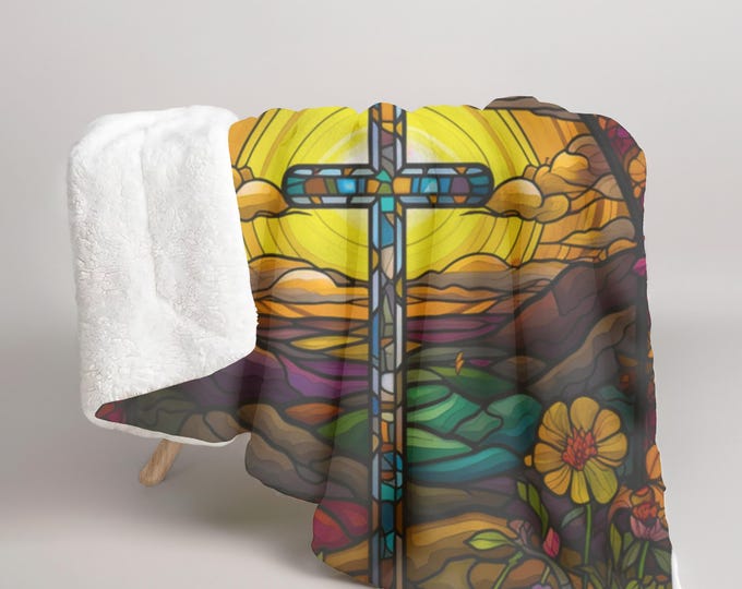 Stained Glass Cross Sherpa Fleece Blanket, Cozy Throw for Spirituality, Home Decor, Gift for Easter, Church Events, Christening, Christian