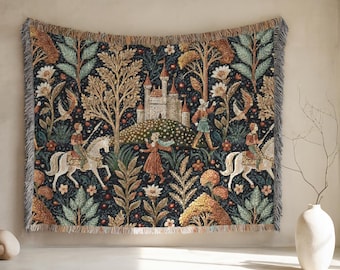 Medieval Tapestry Woven Cotton Blanket: Gothic Castle Decor