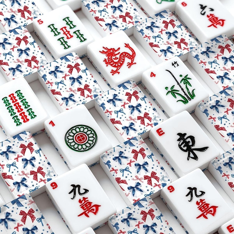 Patriotic Bow Mahjong Tiles, America 250 Mahjong Set, Fourth of July Mahjong Tiles, Red White Blue Bows, American Mahjong Tiles with Jokers image 1