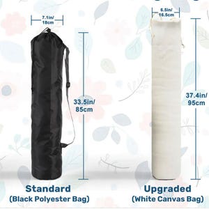 May include: A black polyester bag, 33.5 inches (85 cm) tall and 7.1 inches (18 cm) wide, and a white canvas bag, 37.4 inches (95 cm) tall and 6.5 inches (16.5 cm) wide. The text reads "Standard (Black Polyester Bag)" and "Upgraded (White Canvas Bag)".