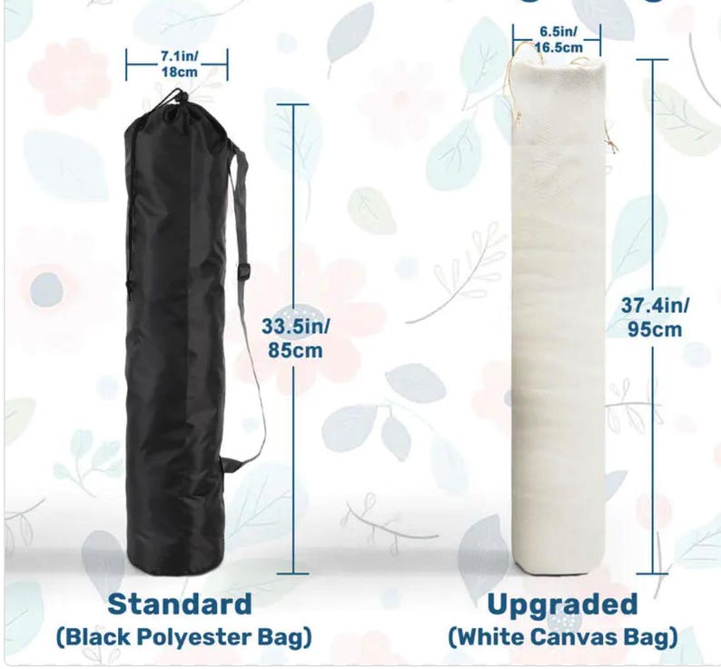 May include: A black polyester bag, 33.5 inches (85 cm) tall and 7.1 inches (18 cm) wide, and a white canvas bag, 37.4 inches (95 cm) tall and 6.5 inches (16.5 cm) wide. The text reads "Standard (Black Polyester Bag)" and "Upgraded (White Canvas Bag)".