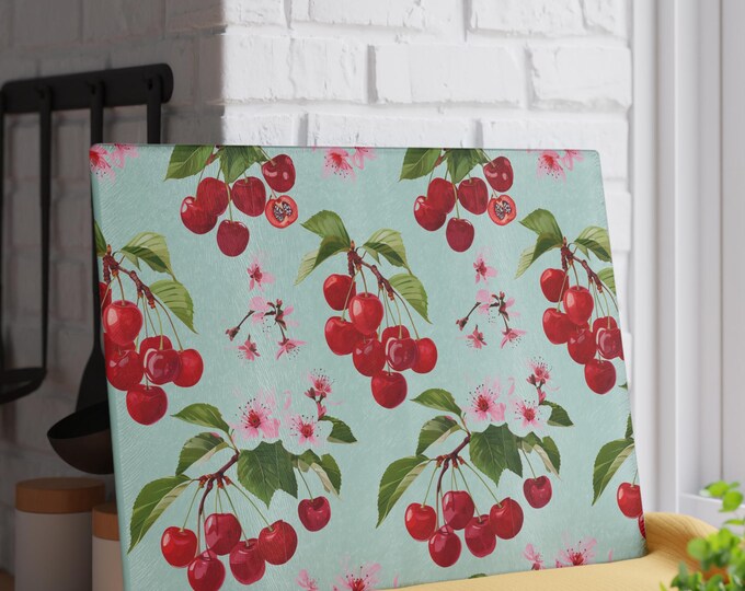 Cherry Blossom Glass Cutting Board - Kitchen Decor, Housewarming Gift, Floral Cutting Board, Fruit Chopping Board, Mother's Day Gift