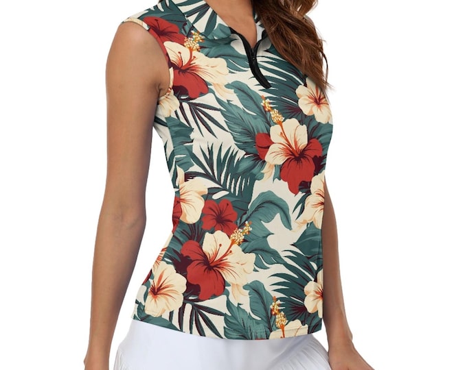 Women’s Floral Golf Sleeveless Polo Shirt, Custom Collared Tank Top, Lightweight Performance Golf Shirt for Ladies, Fun Golf Outfit