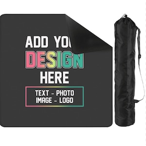 May include: Black rectangular mat with the text "ADD YOUR DESIGN HERE" in white, pink, yellow, and green. The text "TEXT - PHOTO IMAGE - LOGO" is in a rectangular box. A black carrying bag with a shoulder strap is on the right.