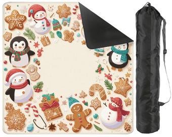 Christmas Mahjong Mat | Cute Penguin & Gingerbread Design | Holiday Game Mat | Non-Slip Mahjong Table Cover | Festive Mahjong Gift