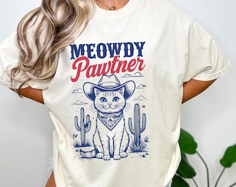 Meowdy Partner Cowboy-Katzen-Shirt: Komfortfarben Western-T-Shirt