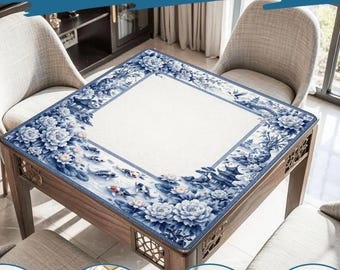 Blue and White Chinoiserie Mahjong Mat with Bag,  Floral Porcelain Looking Game Mat, Non Slip Mahjong Cover, Elegant Mahjong Gift