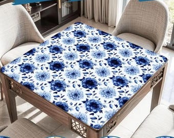 Blue Floral Mahjong Mat – Non Slip Table Cover for American Mah Jongg | Durable Game Night Accessory, Noise Reducing Mahjong Table Protector