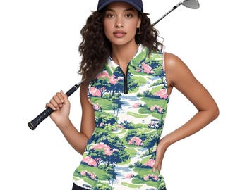 Women’s Floral Golf Sleeveless Polo Shirt, Custom Collared Tank Top, Lightweight Performance Golf Shirt for Ladies, Fun Golf Outfit