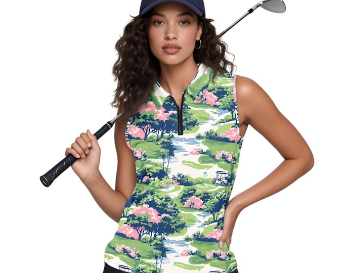 Women’s Floral Golf Sleeveless Polo Shirt, Custom Collared Tank Top, Lightweight Performance Golf Shirt for Ladies, Fun Golf Outfit