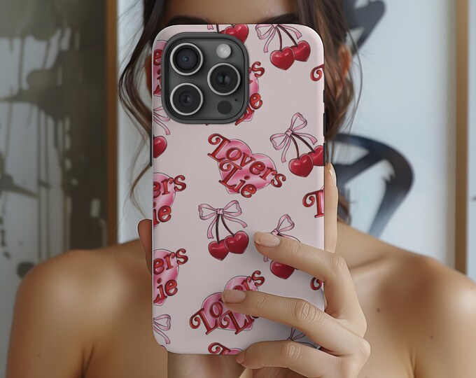 Cutesy Phone Case with Cherries, Lover's Lie, Trending Phone Accessories, Pink Phone Case, Fits a Variety of Phones, 16th Birthday Gift