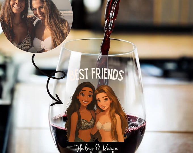Personalized Best Friend Wine Glass, Custom Cartoon Portrait Glass for Besties, Sisters, or Bridesmaids with Name| Friendship Gift