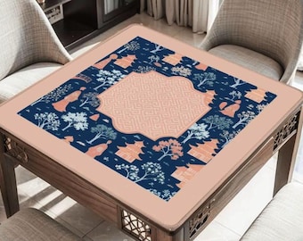 Luxury Chinoiserie Mahjong Mat - Blue & Peach Asian Toile