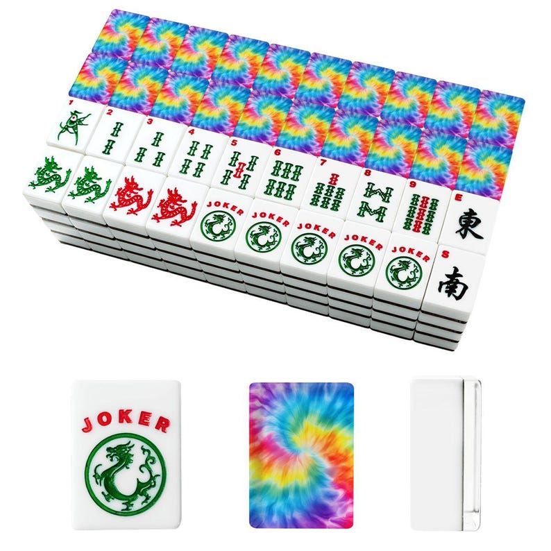 Juego de Mahjong Tie Dye, fichas acrílicas de Mahjong americano con comodines, estuche para noche de juegos. imagen 2