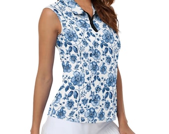 Women’s Chinoiserie Golf Sleeveless Polo Shirt, Custom Collared Tank Top, Lightweight Performance Golf Shirt for Ladies, Fun Golf Outfit