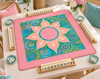 Pink Floral Mahjong Mat, Colorful Boho Mahjong Game Mat, Turquoise Flower Mahjong Table Mat 31.5 Inch