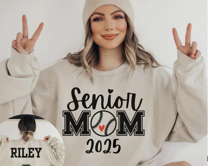 Senior 2025 Baseball Mom Sweatshirt, Mom Baseball Shirt, Name & Number on Back, Custom Baseball, Baseball Mom Crewneck Gildan