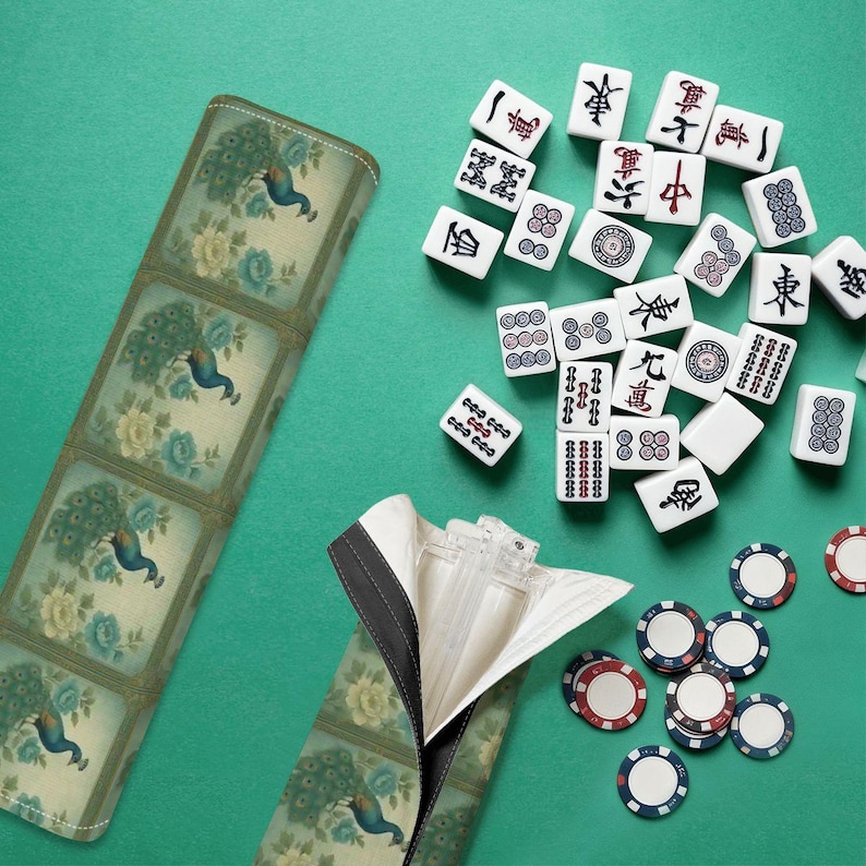Peacock Mahjong Tile Racks with Pushers and Carry Bag, Elegant Peacock Mahjong, Acrylic Racks with Pushers, Mahjong Gift for Her image 1