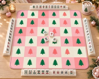 Pink Christmas Tree Mahjong Mat, Preppy Holiday Mahjong Mat, Christmas Tree Checkerboard Game Mat, Pink Green Mahjong Gift