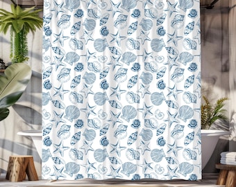 Blue Toile Shower Curtain: Nautical Seashell Starfish Beach Decor