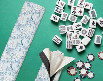 Chinoiserie Mahjong Tile Racks with Pushers and Carry Bag, Elegant Blue Floral Mahjong, Acrylic Racks with Pushers, Mahjong Gift for Her