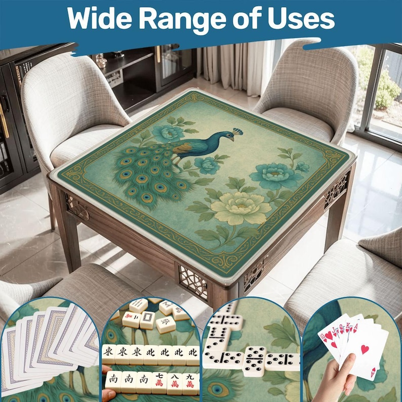 Peacock Mahjong Mat - Non Slip Mah Jongg TilePlay Mat Accessories image 6